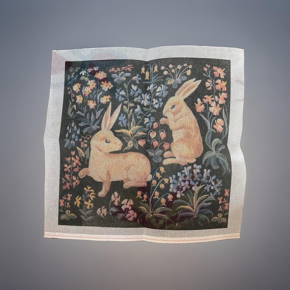 Vtg Bunnies Needlepoint Pillow Garden Flower 14" x 14" Medieval Tapestry Canvas